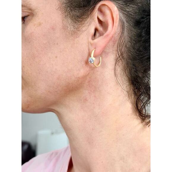 Gold Over 925 Sterling Silver Open Hoop CZ Earrings Solitaire Pushback - Picture 4 of 11